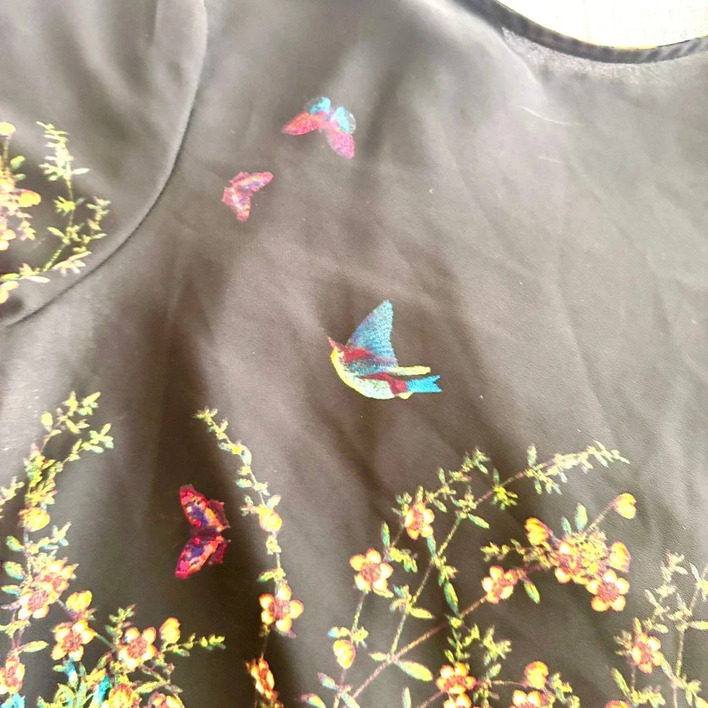 Meraki Floral Butterfly Birds Draped Open Back Blouse Black Large Cottage Whimsy